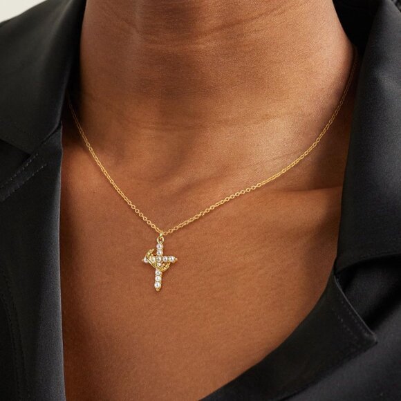 Perfect Gifts Women's Crown F Pearl Cross Necklace Gold Plated Faith Jewelry - Picture 3 of 7